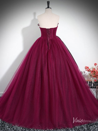 Burgundy Strapless Ruffled Prom Ball Gown Tulle Quinceanera Dresses BG033-prom dresses 2025 -Viniodress-Burgundy-Custom Size-