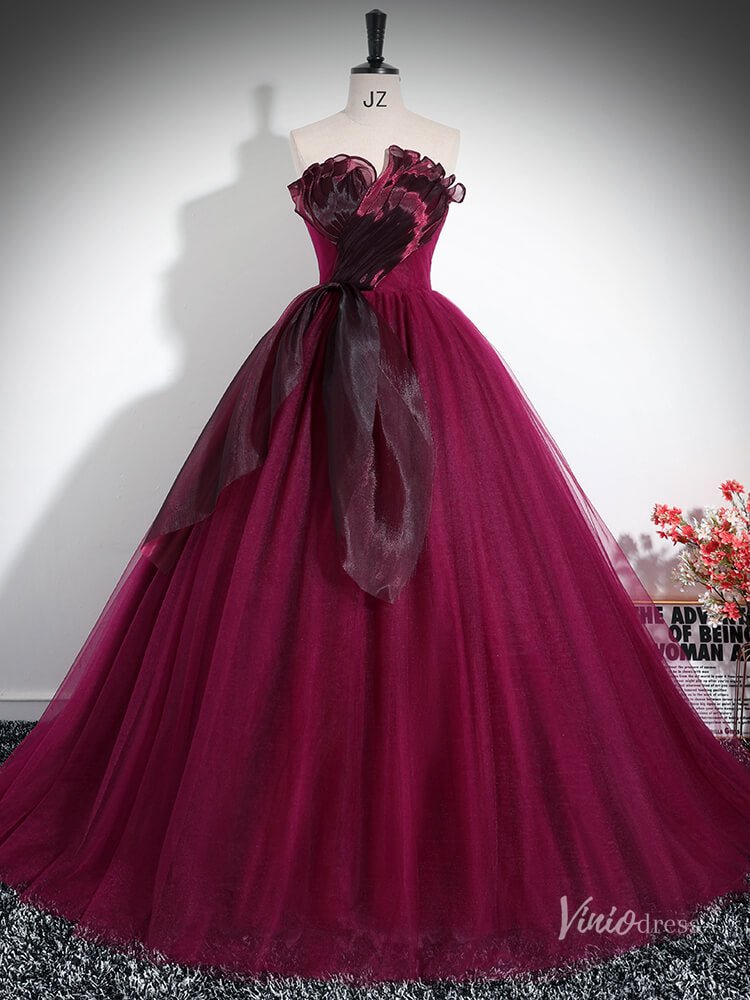 Burgundy Strapless Ruffled Prom Ball Gown Tulle Quinceanera Dresses BG033-prom dresses 2025 -Viniodress-Burgundy-Custom Size-