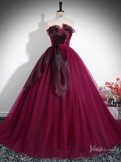 Burgundy Strapless Ruffled Prom Ball Gown Tulle Quinceanera Dresses BG033-prom dresses 2025 -Viniodress-Burgundy-Custom Size-