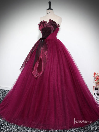 Burgundy Strapless Ruffled Prom Ball Gown Tulle Quinceanera Dresses BG033-prom dresses 2025 -Viniodress-Burgundy-Custom Size-