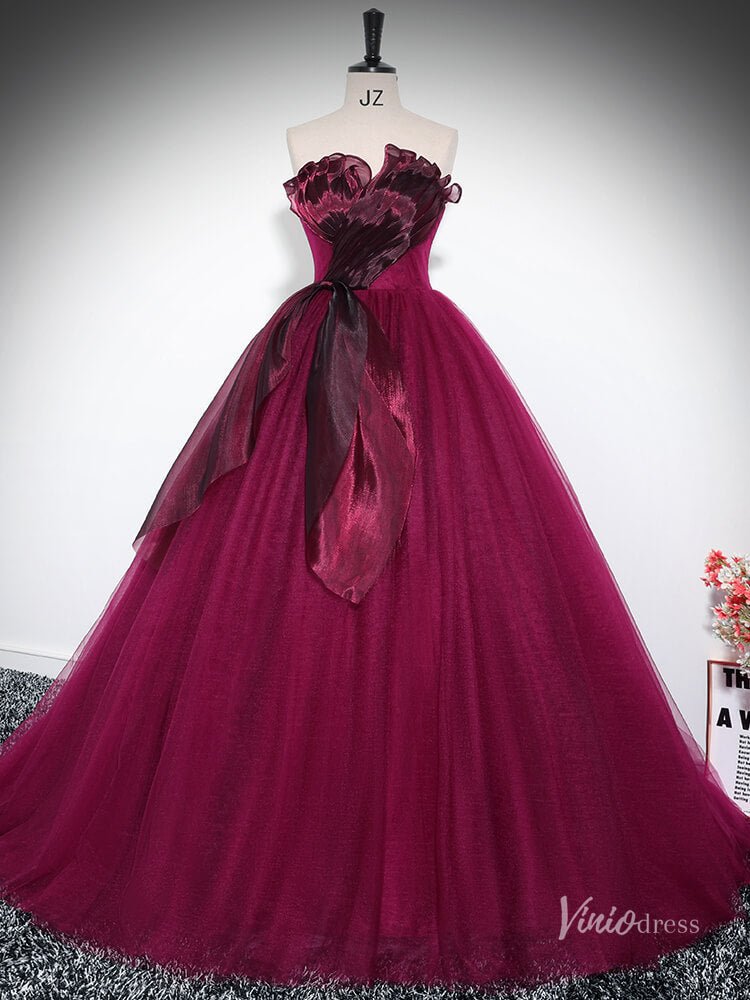 Burgundy Strapless Ruffled Prom Ball Gown Tulle Quinceanera Dresses BG033-prom dresses 2025 -Viniodress-Burgundy-Custom Size-