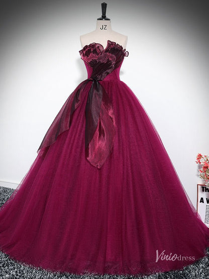 Burgundy Strapless Ruffled Prom Ball Gown Tulle Quinceanera Dresses BG033-prom dresses 2025 -Viniodress-Burgundy-Custom Size-