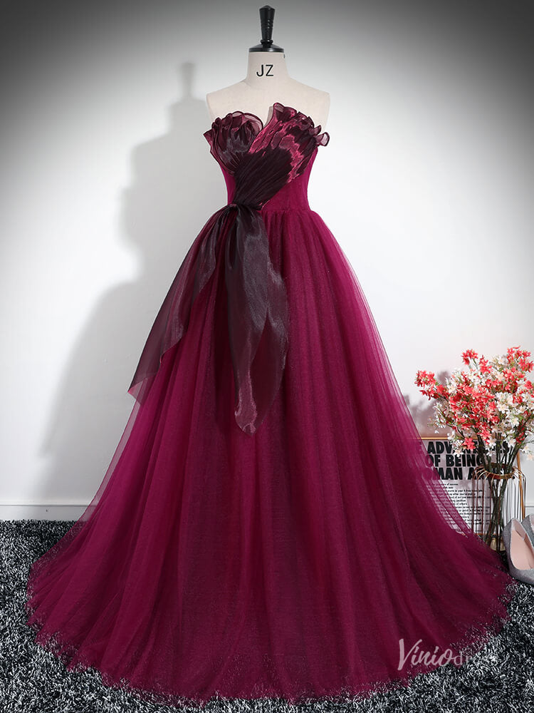 Prom Dress 2025 Burgundy Strapless Ruffled Prom Ball Gown Tulle Quinceanera Dresses BG033-unique prom dresses-Burgundy-Custom Size-Viniodress