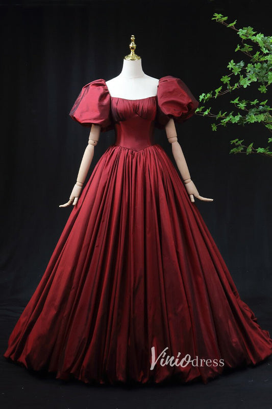 Burgundy Taffeta Prom Dress with Puffed Sleeves & Corset Back FD3455-prom dresses 2025 -Viniodress-Burgundy-Custom Size-