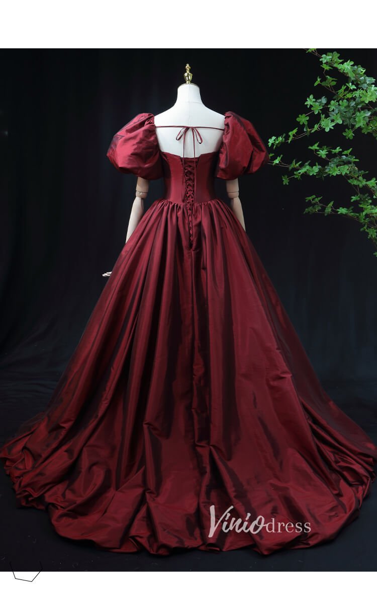 Burgundy Taffeta Prom Dress with Puffed Sleeves & Corset Back FD3455-prom dresses 2025 -Viniodress-Burgundy-Custom Size-