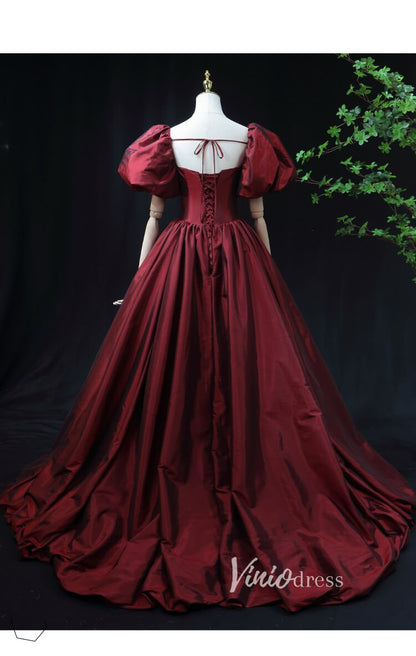 Burgundy Taffeta Prom Dress with Puffed Sleeves & Corset Back FD3455-prom dresses 2025 -Viniodress-Burgundy-Custom Size-