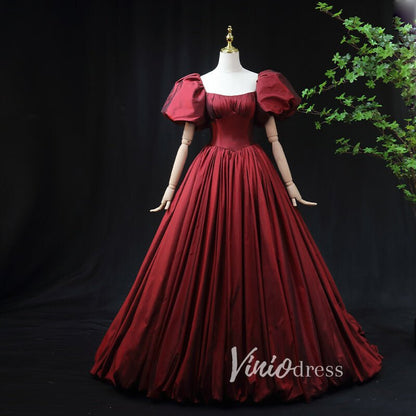 Burgundy Taffeta Prom Dress with Puffed Sleeves & Corset Back FD3455-prom dresses 2025 -Viniodress-Burgundy-Custom Size-