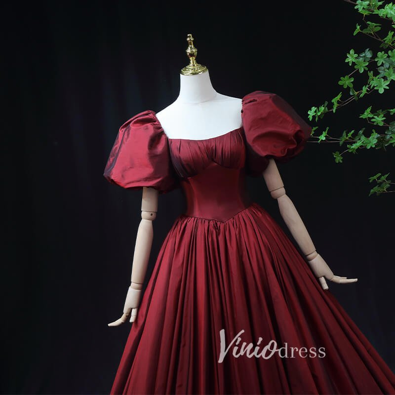Burgundy Taffeta Prom Dress with Puffed Sleeves & Corset Back FD3455-prom dresses 2025 -Viniodress-Burgundy-Custom Size-