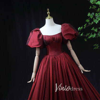 Burgundy Taffeta Prom Dress with Puffed Sleeves & Corset Back FD3455-prom dresses 2025 -Viniodress-Burgundy-Custom Size-