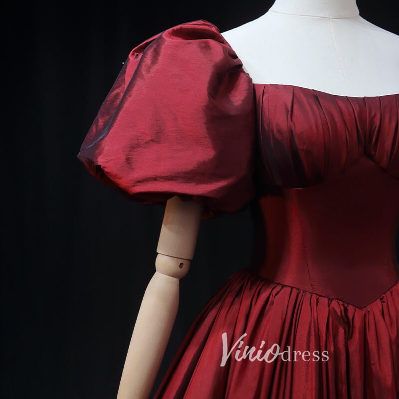 Burgundy Taffeta Prom Dress with Puffed Sleeves & Corset Back FD3455 Viniodress Burgundy Taffeta Prom Dress with Puffed Sleeves & Corset Back FD3455 Viniodress