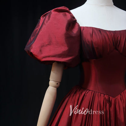 Burgundy Taffeta Prom Dress with Puffed Sleeves & Corset Back FD3455-prom dresses 2025 -Viniodress-Burgundy-Custom Size-