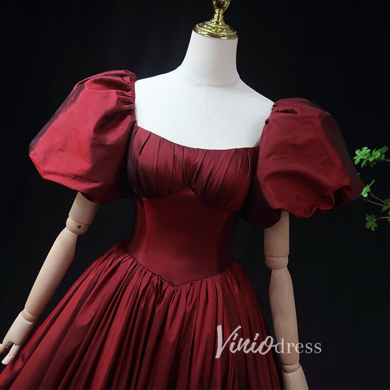 Burgundy Taffeta Prom Dress with Puffed Sleeves & Corset Back FD3455-prom dresses 2025 -Viniodress-Burgundy-Custom Size-