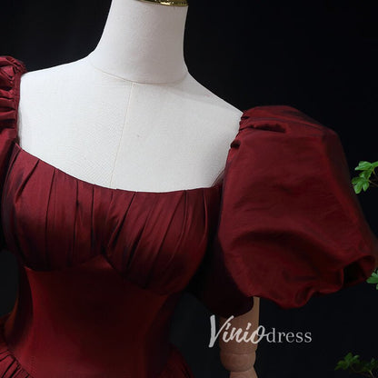 Burgundy Taffeta Prom Dress with Puffed Sleeves & Corset Back FD3455-prom dresses 2025 -Viniodress-Burgundy-Custom Size-