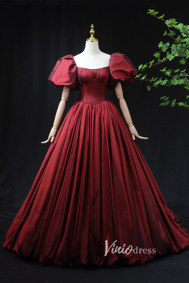 Prom Dress 2025 Burgundy Satin Prom Dresses Puffed Sleeve Formal Gown FD3455-unique prom dresses-Burgundy-Custom Size-Viniodress