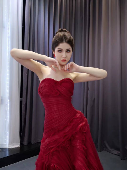 Burgundy Tiered Ruffled Wedding Gowns Strapless Quince Dress 241063-Quinceanera Dresses 2025 -Viniodress-Burgundy-Custom Size-