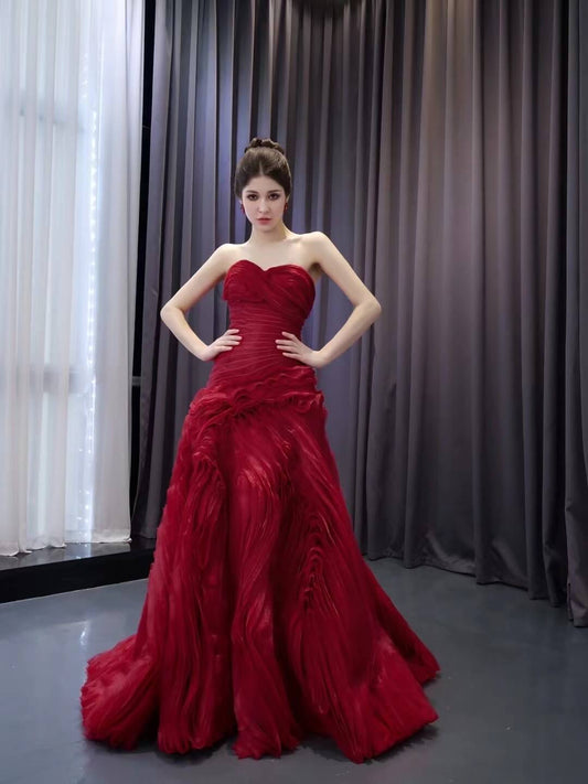 Burgundy Tiered Ruffled Wedding Gowns Strapless Quince Dress 241063-Quinceanera Dresses 2025 -Viniodress-Burgundy-Custom Size-