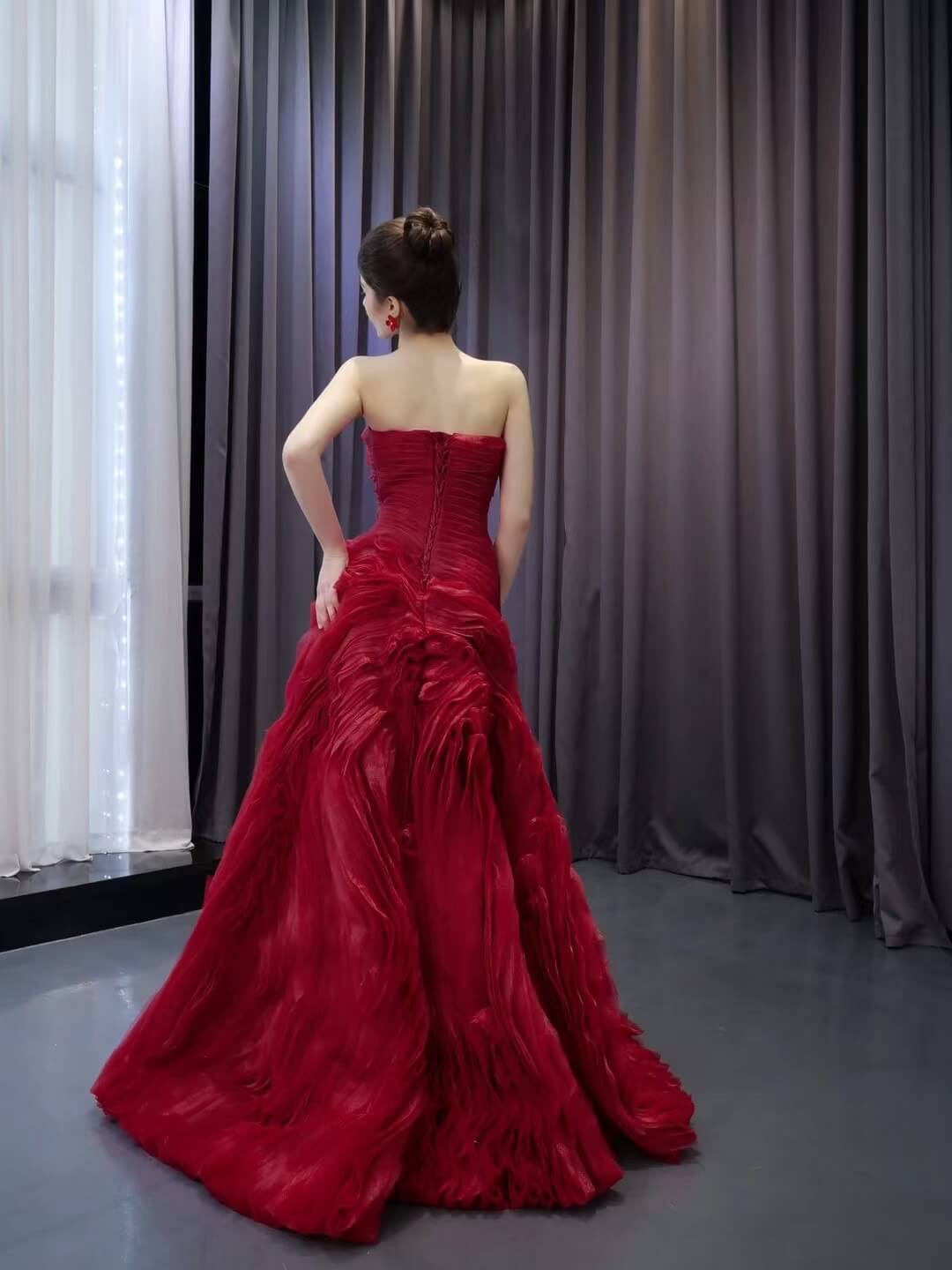 Burgundy Tiered Ruffled Wedding Gowns Strapless Quince Dress 241063-Quinceanera Dresses-Viniodress-Viniodress