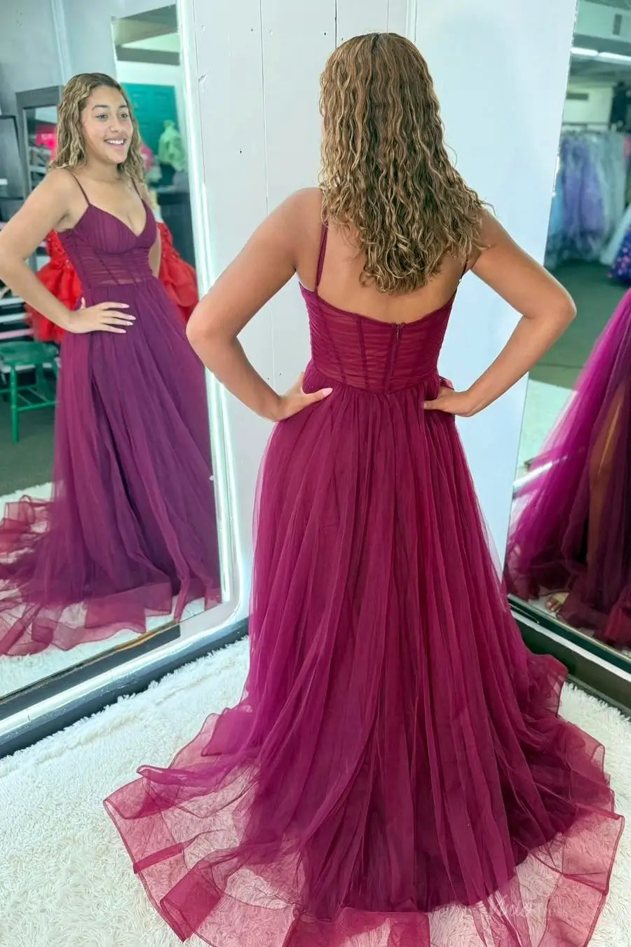 Burgundy Tulle A-Line Prom Dress with High Slit & V-Neck Spaghetti Straps – TU005-prom dresses 2026-Viniodress-Burgundy-Custom Size-