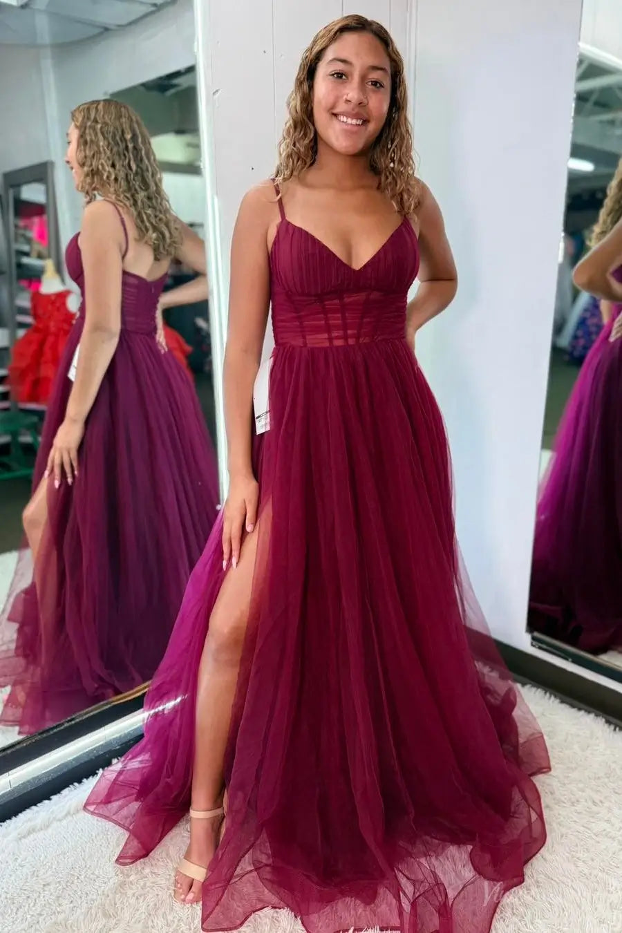 Burgundy Tulle A-Line Prom Dress with High Slit & V-Neck Spaghetti Straps – TU005-prom dresses 2026-Viniodress-Burgundy-Custom Size-
