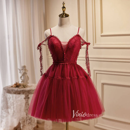 Burgundy Tulle Homecoming Dresses Spaghetti Strap Short Prom Dress SD1585-prom dresses 2025 -Viniodress-Burgundy-Custom Size-