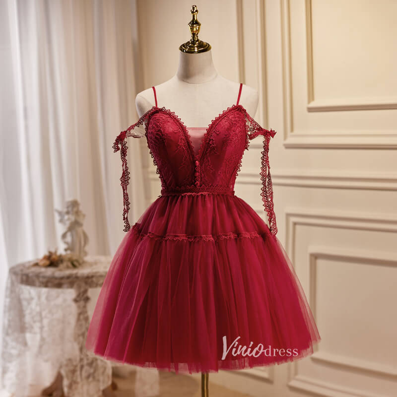 Short Prom Dresses 2025 Burgundy Tulle Homecoming Dresses Spaghetti Strap Short Prom Dress SD1585-prom dresses-Viniodress-Burgundy-Custom Size-Viniodress