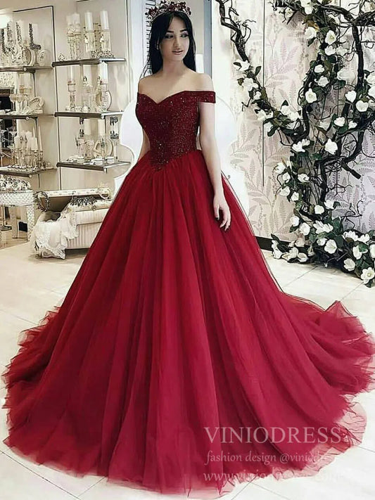 prom dresses 2025 Burgundy Tulle Long Prom Dresses Off the Shoulder Quinceanera Dresses FD1773-plus size wedding dresses Viniodress-Burgundy-Custom Size-