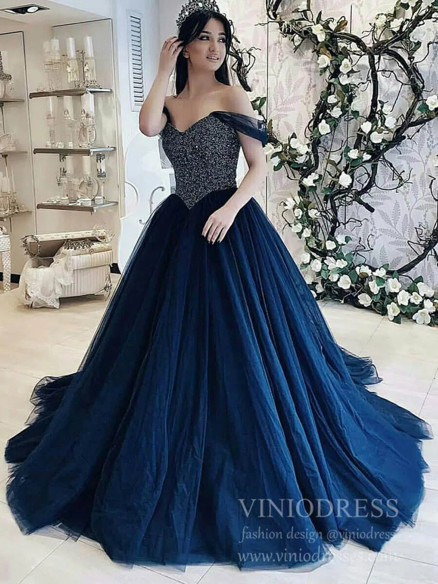 prom dresses 2025 Burgundy Tulle Long Prom Dresses Off the Shoulder Quinceanera Dresses FD1773-plus size wedding dresses Viniodress-Navy-Custom Size-