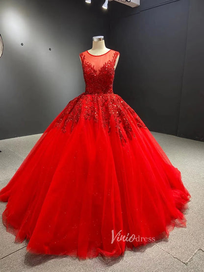 Burgundy Tulle Princess Gown Beaded Lace Quince Dresses Viniodress viniodress-Quinceanera Dresses 2025 -Viniodress-Burgundy-Custom Size-