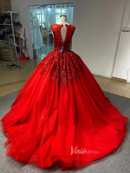 Burgundy Tulle Princess Gown Beaded Lace Quince Dresses Viniodress viniodress-Quinceanera Dresses 2025 -Viniodress-Burgundy-Custom Size-