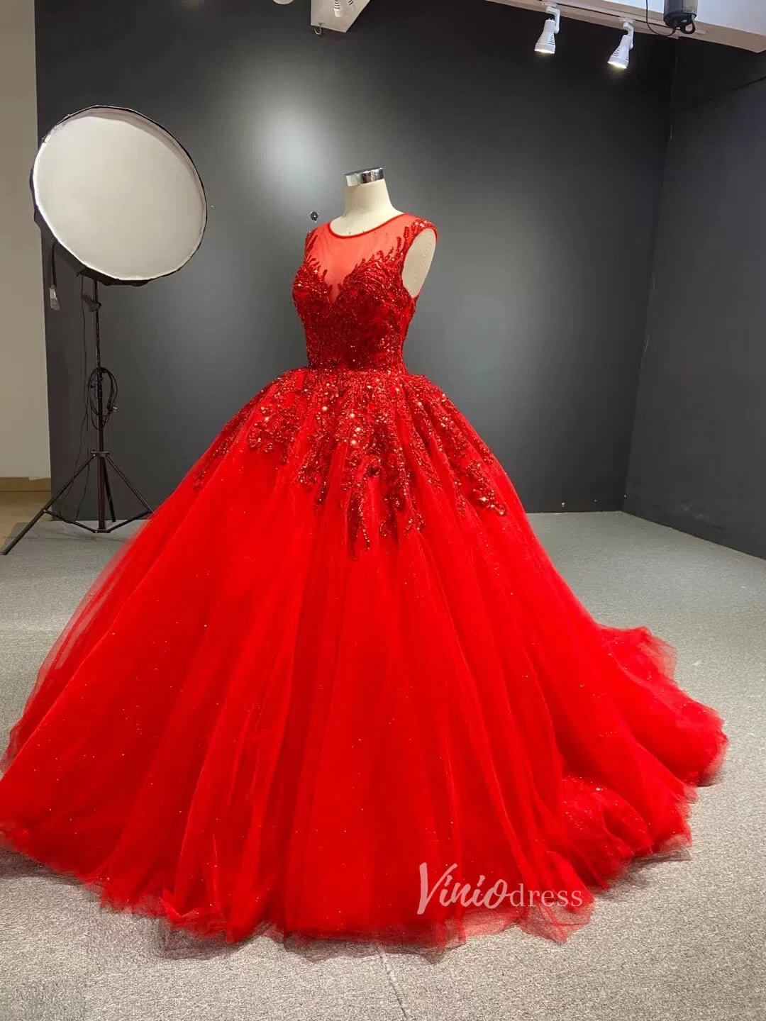 Burgundy Tulle Princess Gown Beaded Lace Quince Dresses Viniodress viniodress-Quinceanera Dresses 2025 -Viniodress-Burgundy-Custom Size-