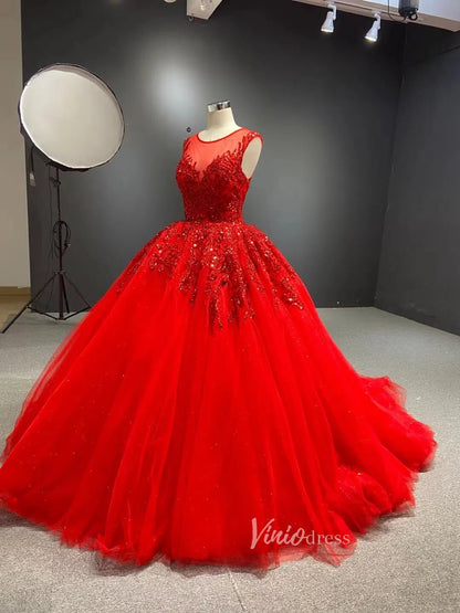 Burgundy Tulle Princess Gown Beaded Lace Quince Dresses Viniodress viniodress-Quinceanera Dresses 2025 -Viniodress-Burgundy-Custom Size-