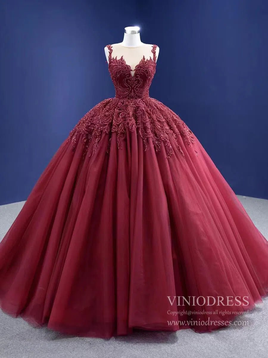 Burgundy Tulle Princess Gown Beaded Lace Quince Dresses Viniodress viniodress-Quinceanera Dresses 2025 -Viniodress-Burgundy-Custom Size-