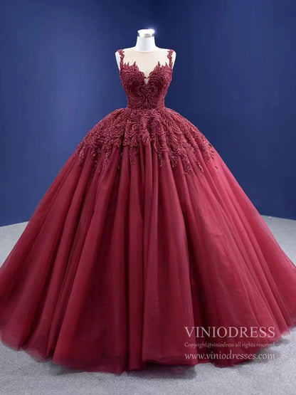 Burgundy Tulle Princess Gown Beaded Lace Quince Dresses Viniodress viniodress-Quinceanera Dresses 2025 -Viniodress-Burgundy-Custom Size-