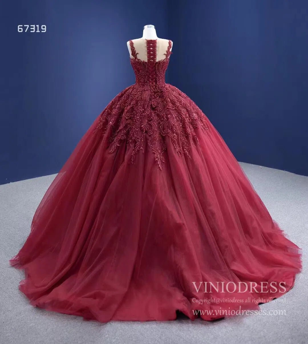 Burgundy Tulle Princess Gown Beaded Lace Quince Dresses Viniodress viniodress-Quinceanera Dresses 2025 -Viniodress-Burgundy-Custom Size-