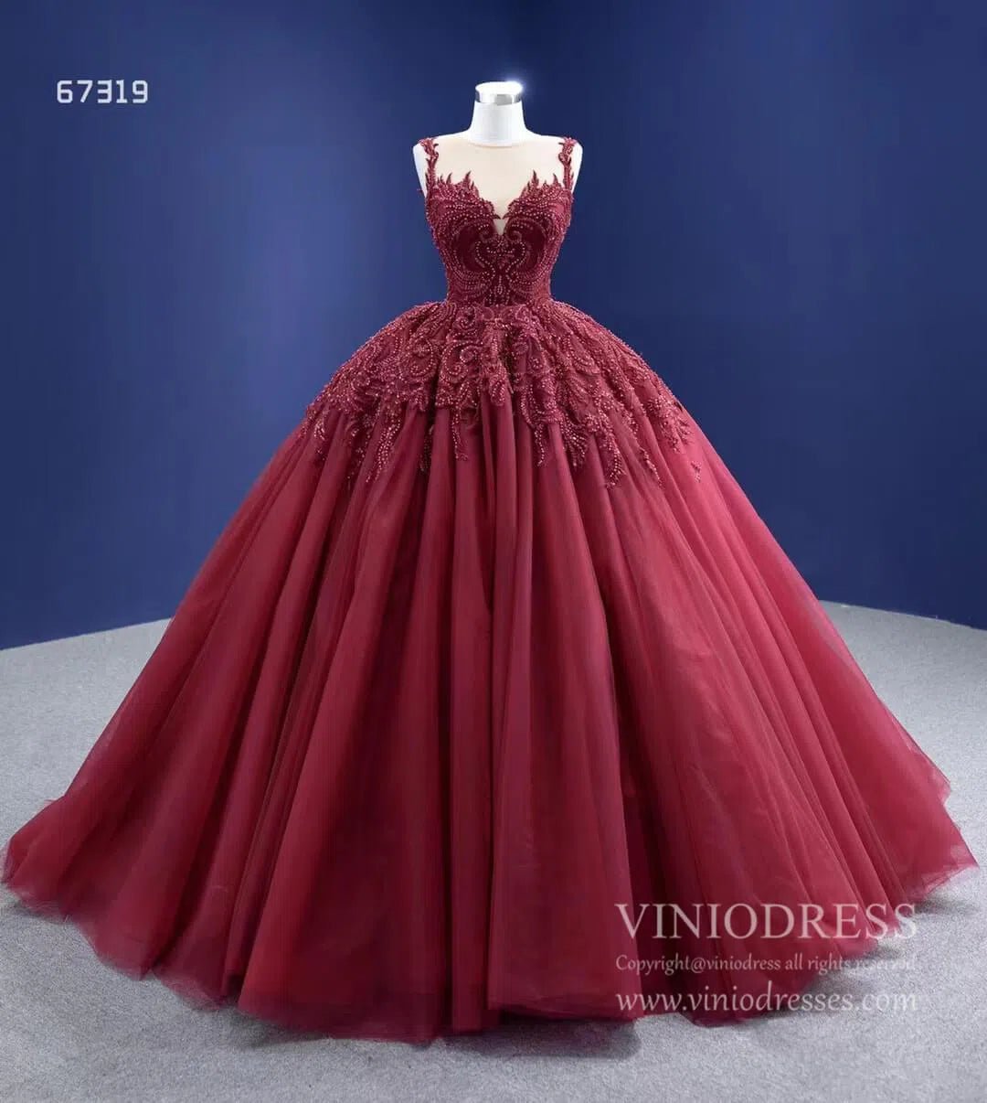 Burgundy Tulle Princess Gown Beaded Lace Quince Dresses Viniodress viniodress-Quinceanera Dresses 2025 -Viniodress-Burgundy-Custom Size-