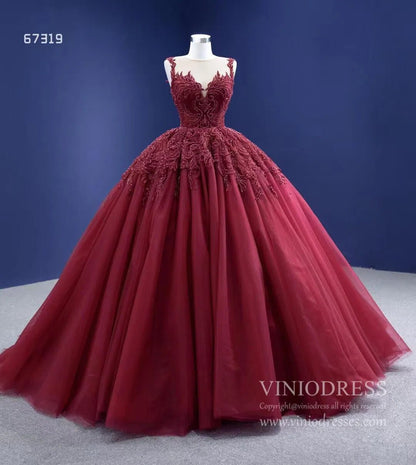Burgundy Tulle Princess Gown Beaded Lace Quince Dresses Viniodress viniodress-Quinceanera Dresses 2025 -Viniodress-Burgundy-Custom Size-