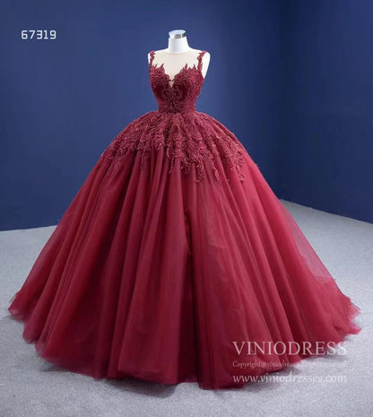 Burgundy Tulle Princess Gown Beaded Lace Quince Dresses Viniodress viniodress-Quinceanera Dresses 2025 -Viniodress-Burgundy-Custom Size-