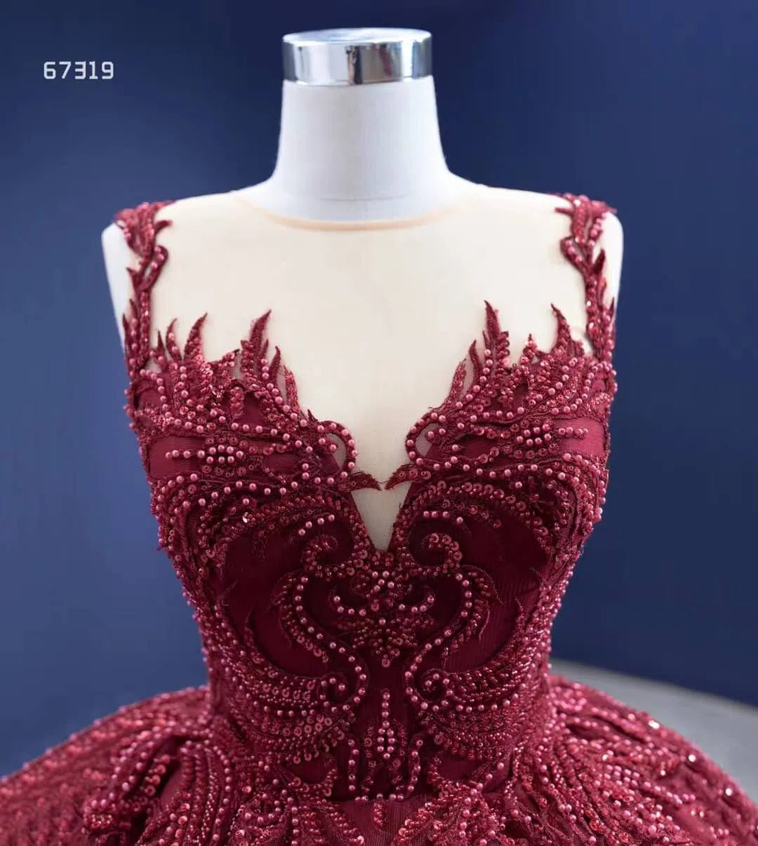 Burgundy Tulle Princess Gown Beaded Lace Quince Dresses Viniodress viniodress-Quinceanera Dresses 2025 -Viniodress-Burgundy-Custom Size-