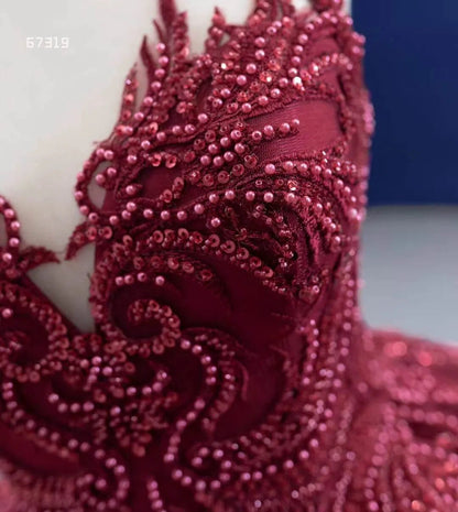 Burgundy Tulle Princess Gown Beaded Lace Quince Dresses Viniodress viniodress-Quinceanera Dresses 2025 -Viniodress-Burgundy-Custom Size-
