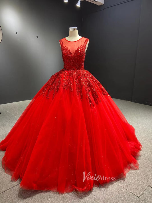 Burgundy Tulle Princess Gown Beaded Lace Quince Dresses Viniodress viniodress-Quinceanera Dresses 2025 -Viniodress-Red-Custom Size-