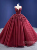 Prom Dress 2025 Burgundy Tulle Princess Gown Beaded Lace Quince Dresses Viniodress viniodress-unique Quinceanera Dresses-Burgundy-Custom Size-Viniodress