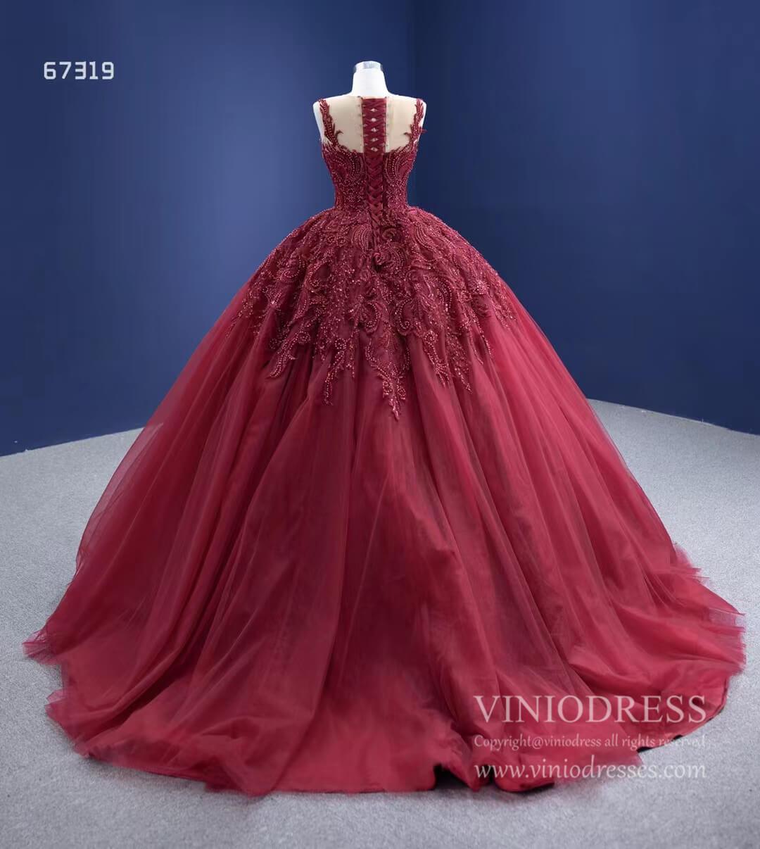 Prom Dress 2025 Burgundy Tulle Princess Gown Beaded Lace Quince Dresses Viniodress viniodress-unique Quinceanera Dresses-Burgundy-Custom Size-Viniodress