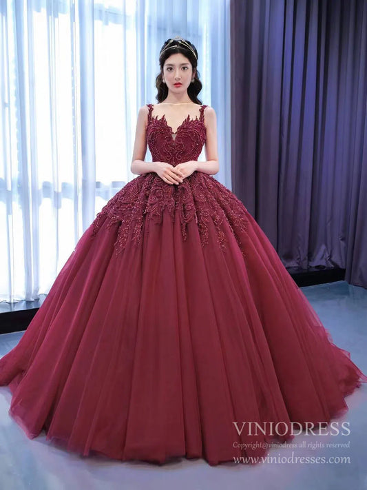 Quinceanera Dresses 2025 Burgundy Tulle Princess Gown Beaded Lace Quince Dresses Viniodress viniodress-plus size wedding dresses Viniodress-Burgundy-Custom Size-