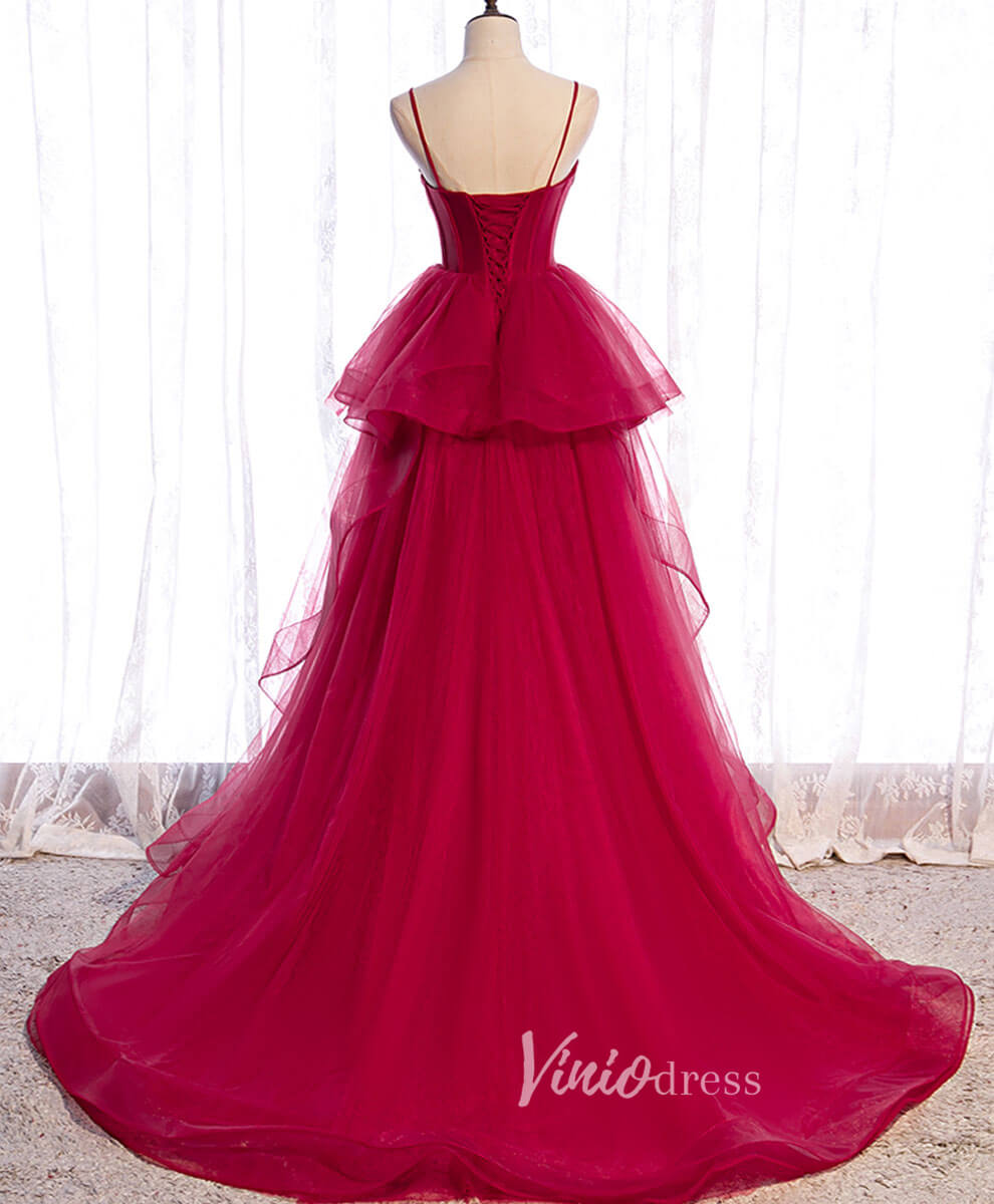 Prom Dress 2025 Burgundy Tulle Prom Dresses Spaghetti Strap Evening Dress FD3199-unique prom dresses-Burgundy-Custom Size-Viniodress