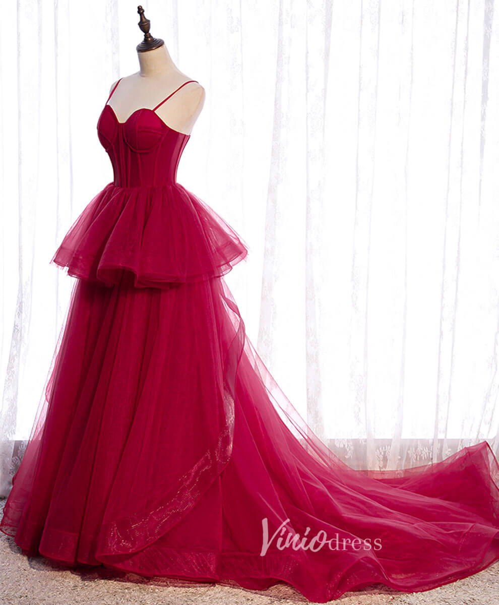 Prom Dress 2025 Burgundy Tulle Prom Dresses Spaghetti Strap Evening Dress FD3199-unique prom dresses-Burgundy-Custom Size-Viniodress