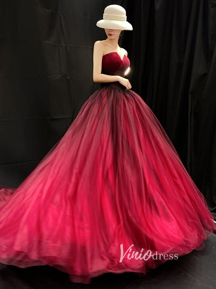 Burgundy Tulle Prom Dresses Strapless Evening Gown FD3454-prom dresses 2025 -Viniodress-Burgundy-Custom Size-