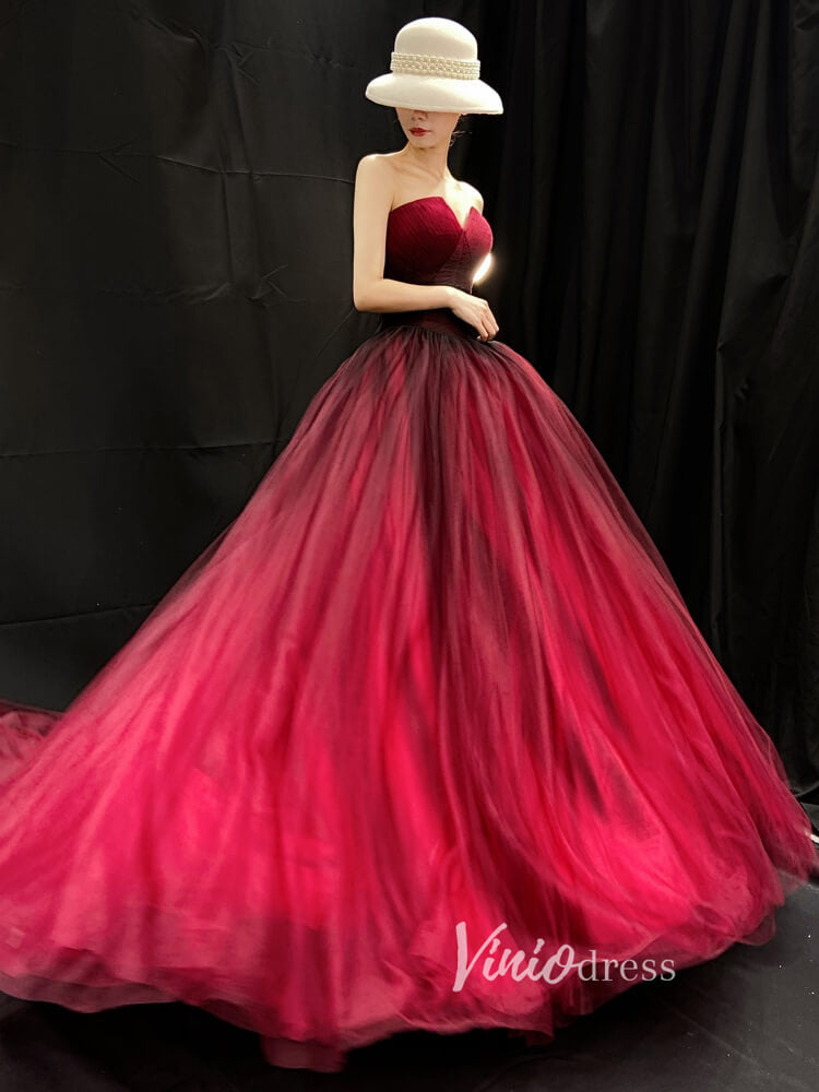 Prom Dress 2025 Burgundy Tulle Prom Dresses Strapless Evening Gown FD3454-unique prom dresses-Burgundy-Custom Size-Viniodress