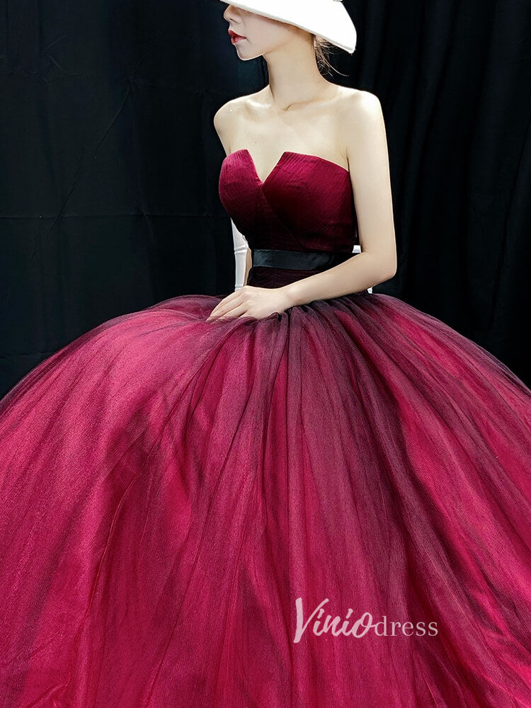 Prom Dress 2025 Burgundy Tulle Prom Dresses Strapless Evening Gown FD3454-unique prom dresses-Burgundy-Custom Size-Viniodress