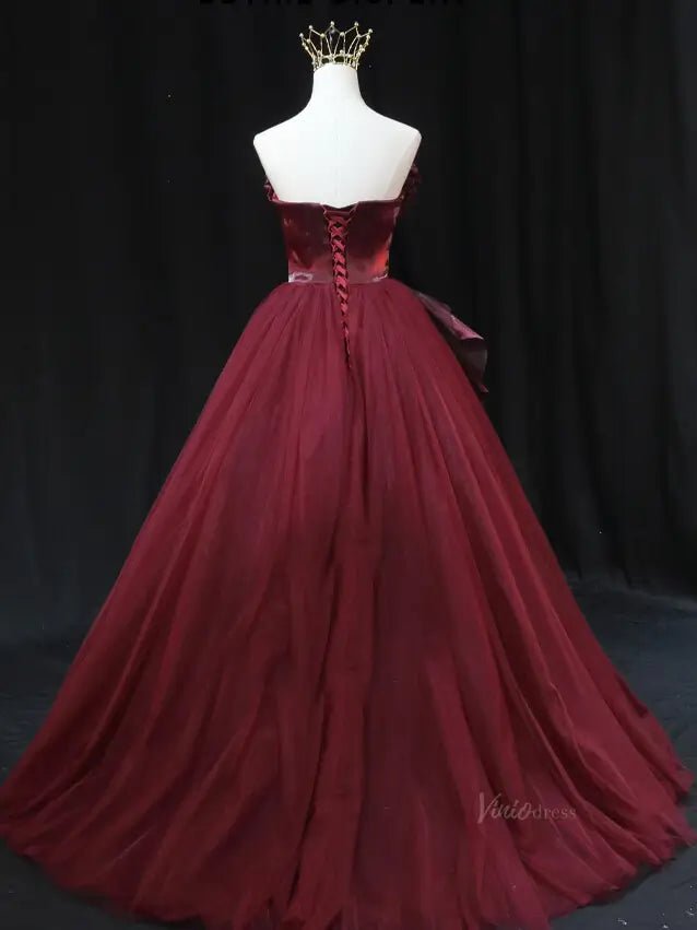 Burgundy Tulle Prom Dresses with Big Bow, Pleated Bodice, Formal Dress Viniodress Burgundy Tulle Prom Dresses with Big Bow, Pleated Bodice, Formal Dress Viniodress