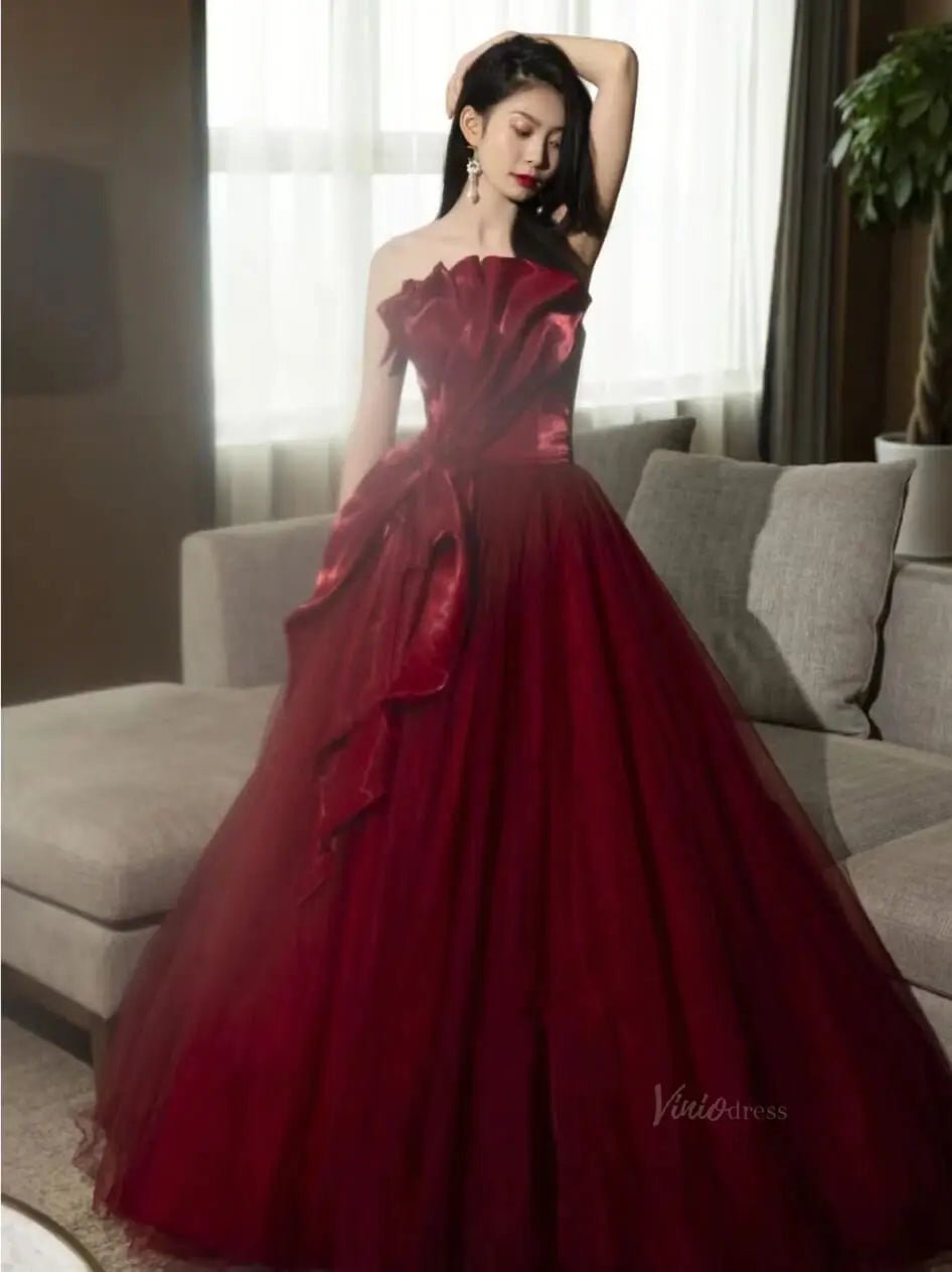 Burgundy Tulle Prom Dresses with Big Bow, Pleated Bodice, Formal Dresses SU068-prom dresses 2025 -Viniodress-Burgundy-Custom Size-